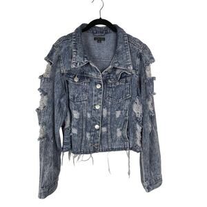 Kroix Women's Size 3x‎ Distressed Denim Jean Jacket Raw Hem Embellished